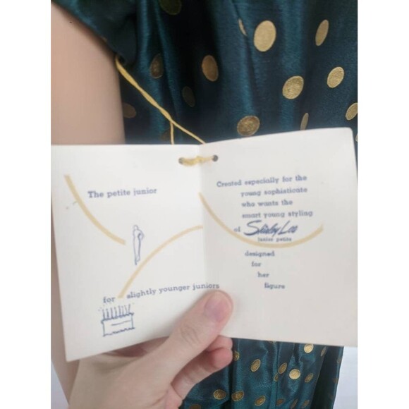 50s Dark Green Gold Polka Dot Dress Vintage Shirley Lee S M 36 28 New Old Stock - Picture 5 of 10